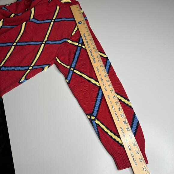 Vintage Alan Flusser Sweater Men’s L Red Knit Pullover 90s Geometric Argyle Patt - Picture 2 of 5